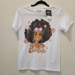 Black Barbie White Graphic T-Shirt Flower Power Womens XS